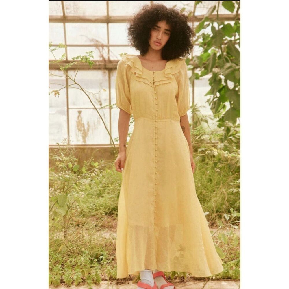 The Great. Sunrise Dress Buttercup Button Front Maxi Yellow Size Medium
